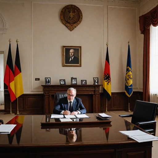 In einer Behörde sitzt ein Beamter an einem Schreibtisch. Flaggen im Hintergrund.